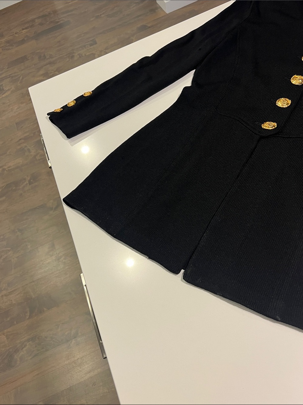 St. John Collection santana black knitted fit & flare jacket w/ gold buttons 12 - Picture 6 of 11